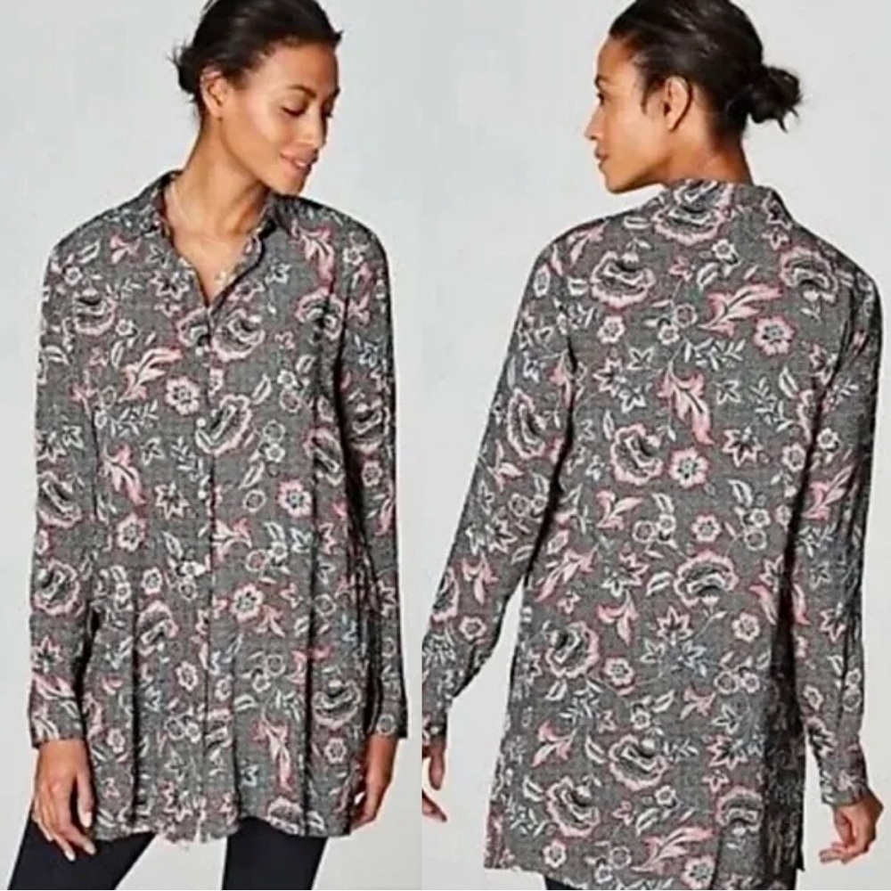 J. Jill Marvelflor Black Floral Print Button Up Side Slit Tunic Top L Petite